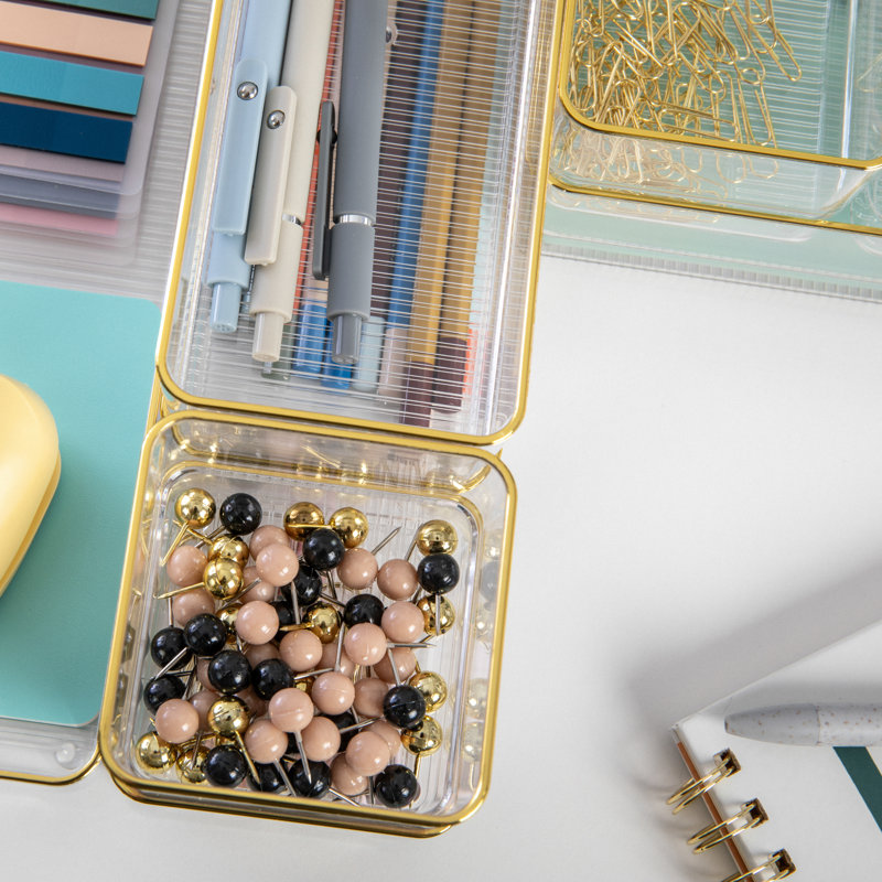 Martha Stewart Clear Plastic Stackable Desk Drawer Organizers with Gold Trim, Set of 8
