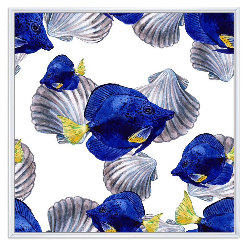 «Deep Blue Fish», impression d'art sur toile nautique et côtier foncé, H 30 po x l 30 po x P 1 po, Cadre flottant blanc
