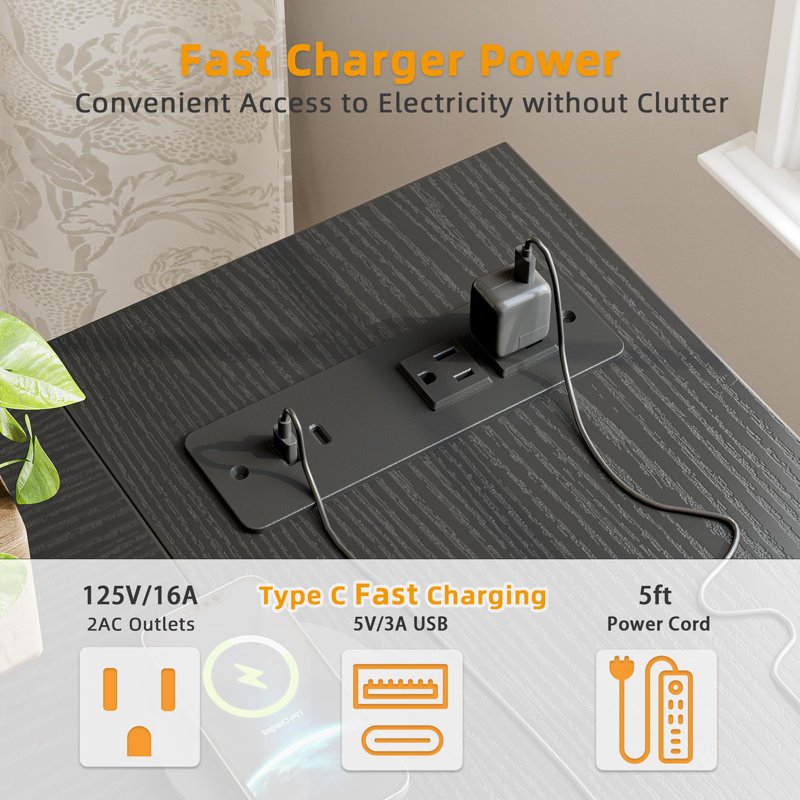 Black L-Shaped Gaming Desk with Power Outlet and USB Port