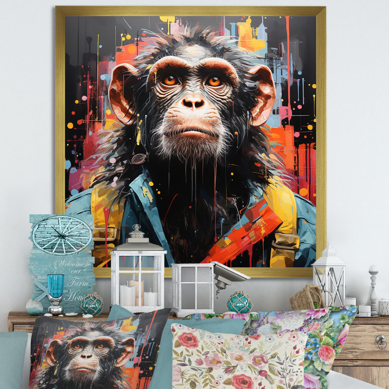 Paysage urbain noir Popart Chimp Trek - art mural singe, H 36 po x l 36 po x P 1,5 po, Cadre doré simple