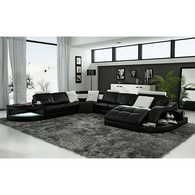 Canapé modulaire en cuir véritable Lovro, Cuir véritable noir, Face à la droite