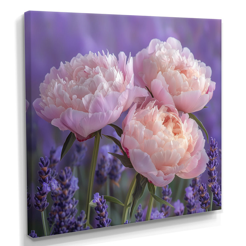 Pivoines dans le jardin de lavande IV - pivoines, art mural, Toile tendue, Ne s’applique pas, H 16 po x l 16 po