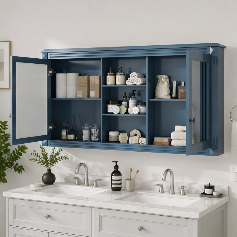 Armoire à miroirs haute définition 2 en 1 de 55 pouces à fixation murale avec étagères réglables et charnières à fermeture en douceur