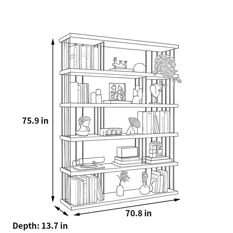 Bibliothèque classique de style rangement, Bois robuste / noir, (5 Shelves) 75.9"H x 70.8"W x 13.7"D