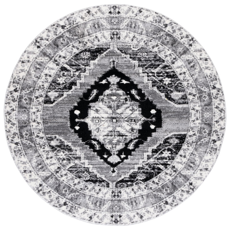 Tapis gris / noir Southwestern, Rond 6 pi 7 po
