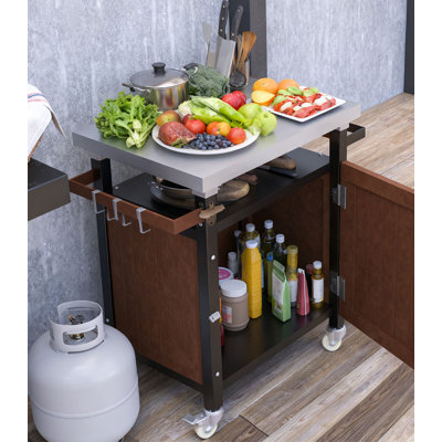 Chariot de barbecue extérieur en acier inoxydable avec rangement, îlot de cuisine de patio roulant avec roues, crochets et support à épices - Chariot de service imperméable avec conception mobile