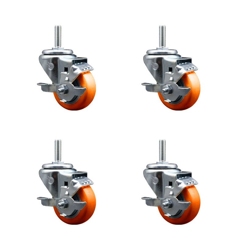Ensemble de roulettes à tige filetée pivotante de 5/8 po 3 po avec frein, Orange