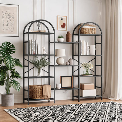 Bibliothèque industrielle moderne de 160 cm de hauteur avec structure métallique, 11 tablettes ouvertes, triple colonne et 4 niveaux.