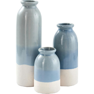 Blue Ceramic Vase 3 Sets,Farmhouse Vase For Country Home Decoration, Vase For Tabletop Decor, Bookcase, Fireplace And Entrance Decoration