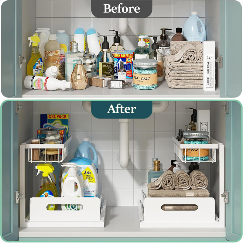 2 Pack 2 Tier Pull Out Under Sink Organizer, White