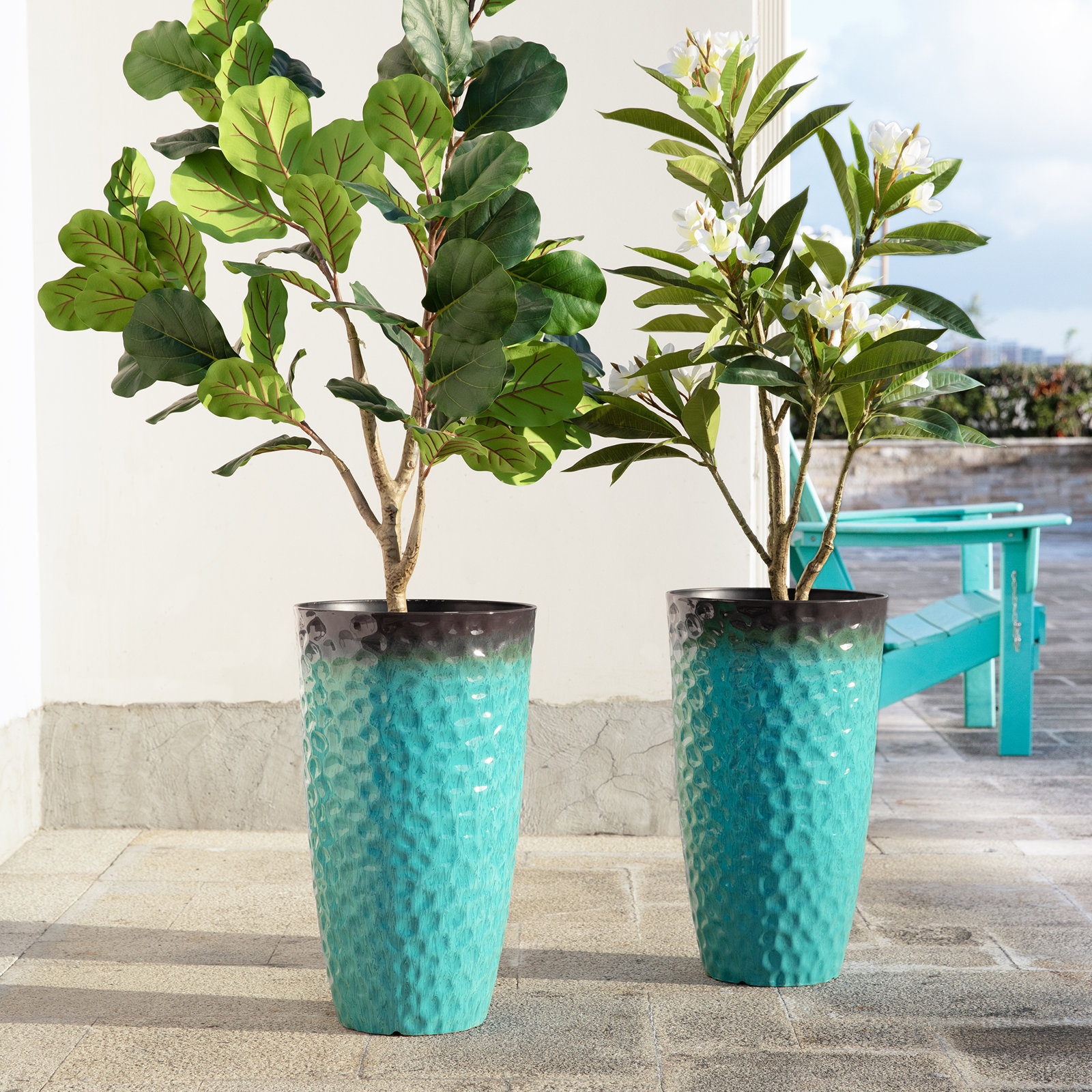 23.75"H Set Of 2 Oversized Eco-Friendly PP And Stone Honeycomb Textured Green Tall Plastic Planter, Turquoise