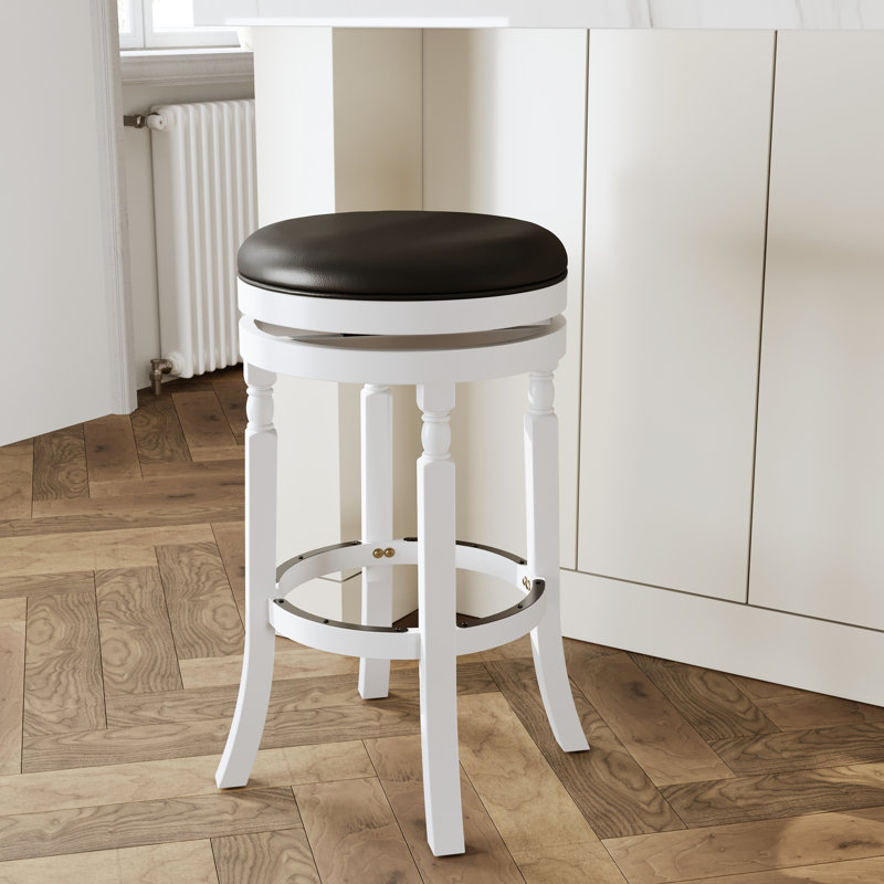 30" Bar Stool, White & Black Leather, Solid Construction, 360 Swivel Chair Function Stool With Leather Seat, Build, Ability