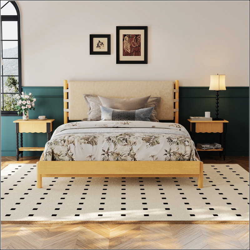 Premium Rubber Wood Platform Bed Frame, Queen, Beige