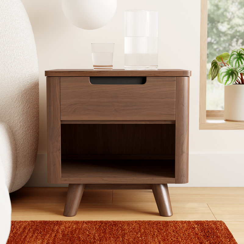 Walnut Mid-Century Modern 1-Drawer Nightstand with Shelf