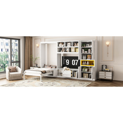 Lit simple en bois avec meuble télé, rangement et couleur blanche - Idéal pour les appartements avec support intégré