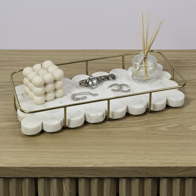 Monarch 12" x 6" Modern Industrial Metal/Marble Scalloped Base Vanity Tray, White Marble/Gold