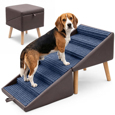 2-in-1 Foldable Dog Stairs & Pet Ramp Ottoman, 16.93"H Non-Slip Carpeted Steps for Small Dogs, Solid Wood for Couches & Bed