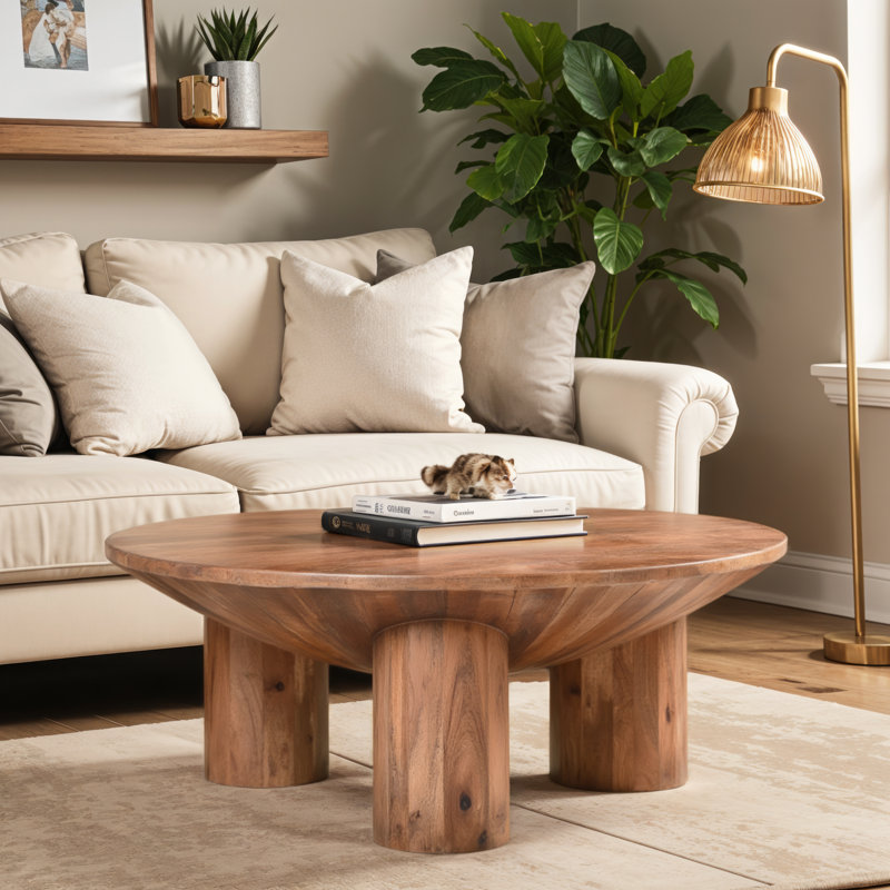 Table basse Rupert, plateau rond de 38 pouces, 3 pieds à colonnes, bois de manguier brun naturel