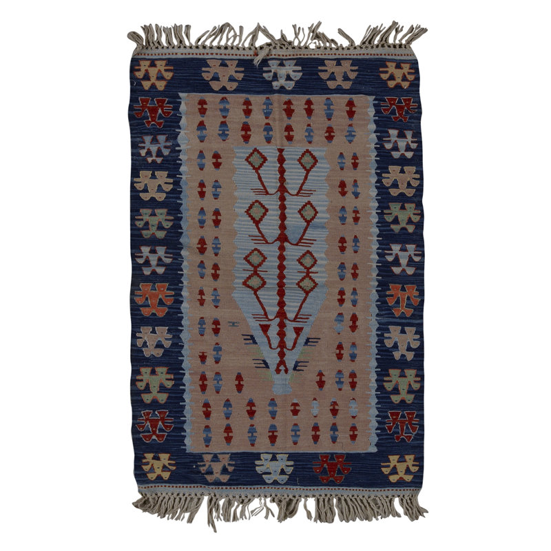 Tapis bleu, rouge et beige noué à la main de haute qualité