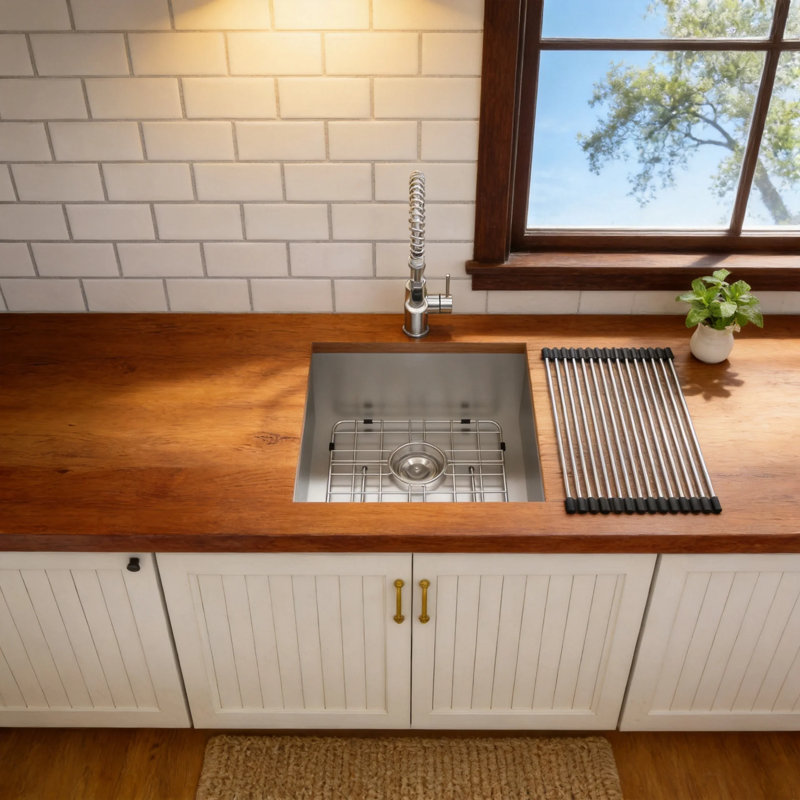 Évier de cuisine à cuve simple encastrable 17 po x 19 po en acier inoxydable brossé de calibre 16 avec accessoires
