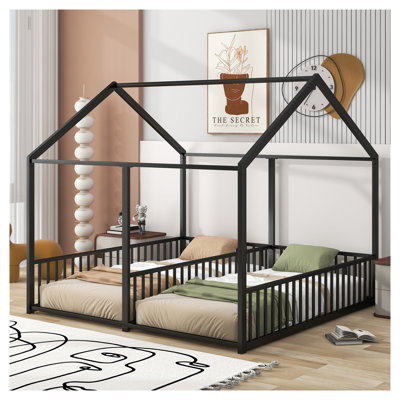 Lits plateforme en métal pour lit simple pour enfants, cadre de lit à deux places noir avec garde-corps de sécurité