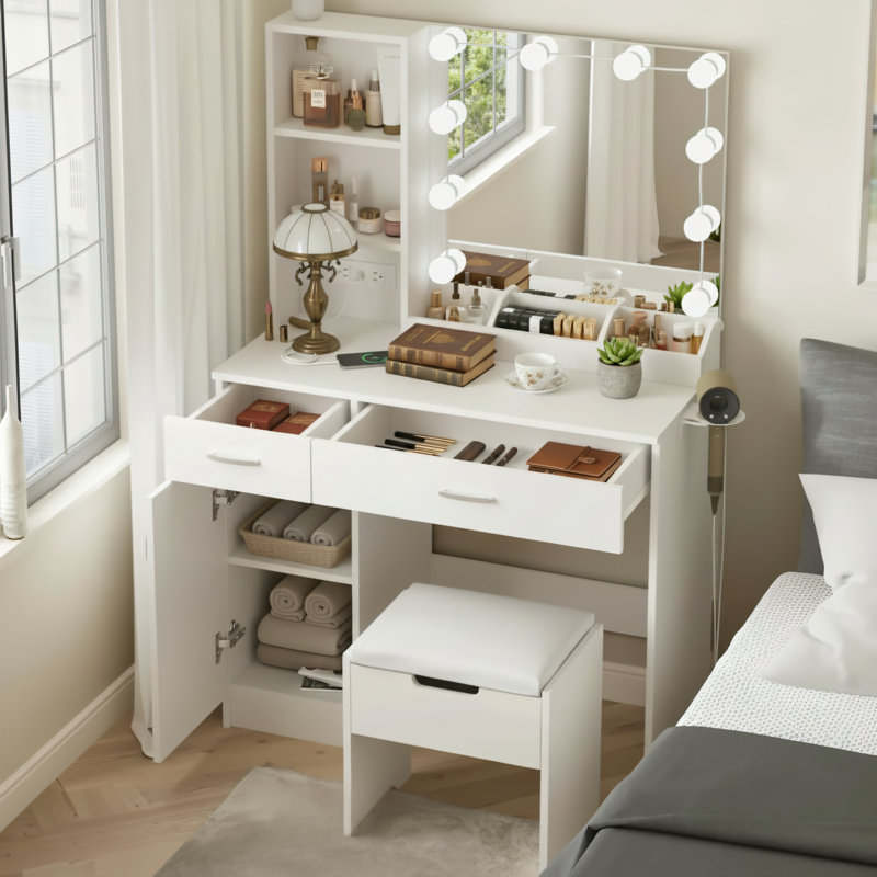 White, Vanity Table With Light And Mirror, Built-In Power Outlet + Multi-Layer Storage Shelves, Bedroom Dressing And Storage Integrated Vanity Table.