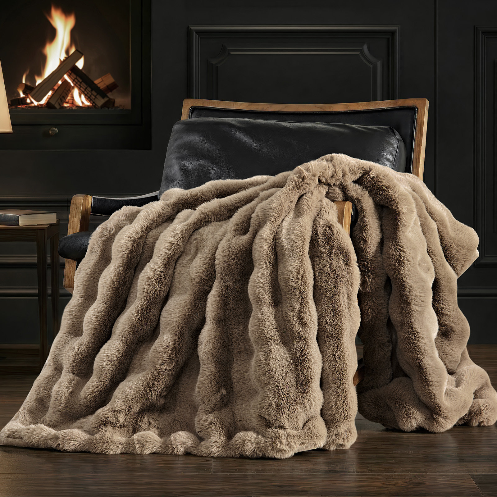 Faux Fur Weighted Throw Blanket, 60" L x 50" W, Greige