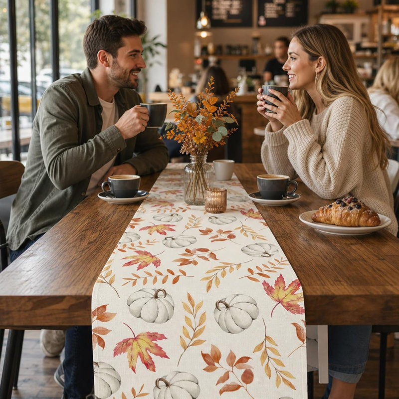 autumn table runner, halloween table runner | Pumpkin and Maple Leaf Design Autumnal Table Runner for Seasonal Home Decor