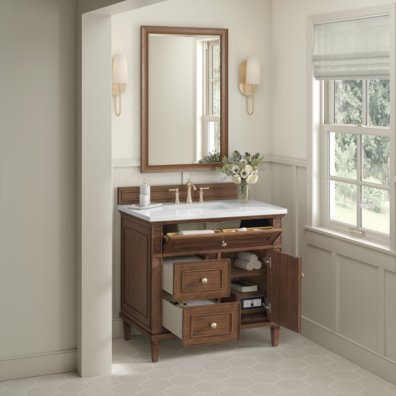 Ensemble de meuble-lavabo simple 36 po Lorelai, Noyer style Mid-Century, Blanc Zeus, 8 po