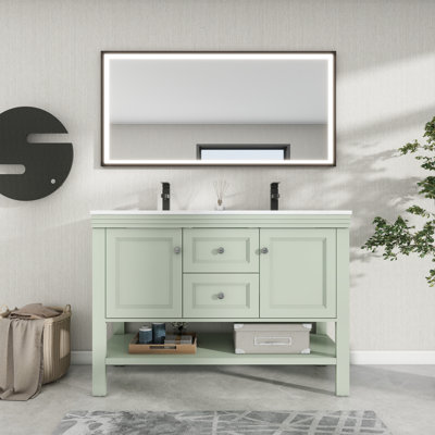 48“ Double Sink Bathroom Vanity With Resin Countertop, Faucet, 2 Doors 2 Drawers With Open Shelf