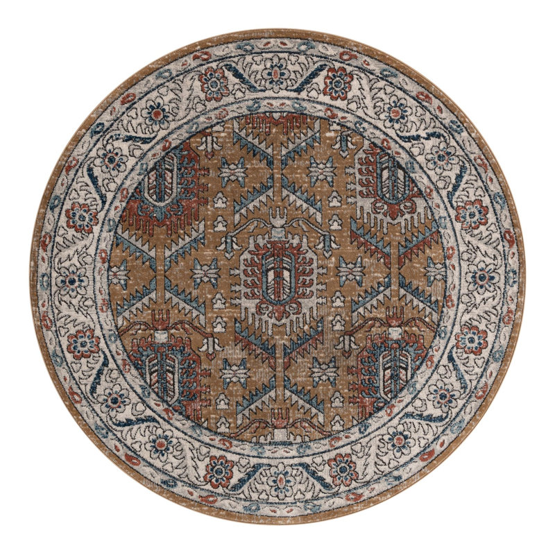 Weingartner Performance Mustard Yellow/Ivory/Blue Rug, Round 6'1"