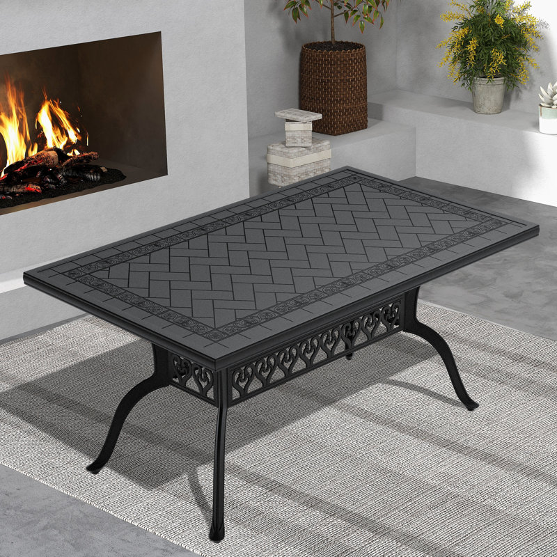 Table de patio rectangulaire en fonte d'aluminium - noire, design, capacité de 6 places,, rouille, cadre noir résistant à la corrosion, aluminium, rectangulaire, motif, résistance