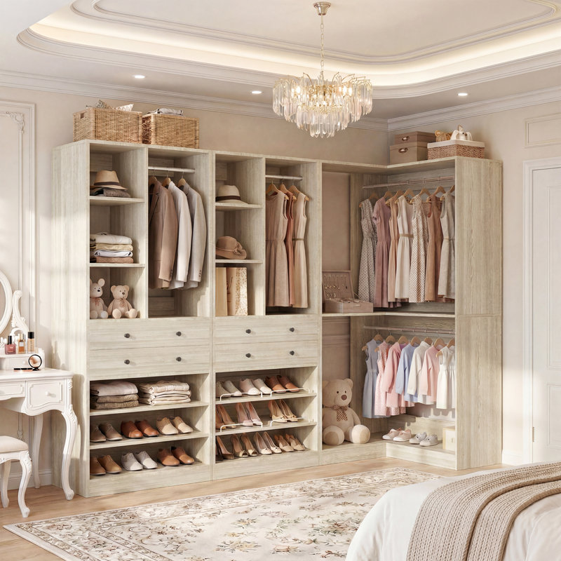 Navada Closet System with Wooden Drawers and Shoe Racks, Washed Oak