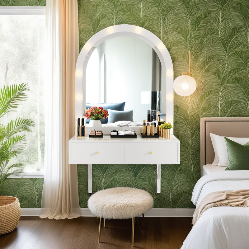 Wall-Mounted Floating Vanity Desk with LED Mirror, Storage & Charging Station