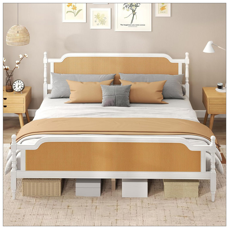 Lit plateforme, style bohème, pin, Blanc / noyer, Grand