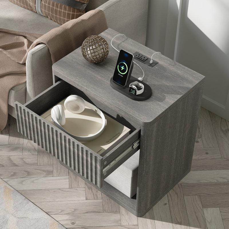 Valerica 1-Drawer Fluted Nightstand with Charging Station, Gray