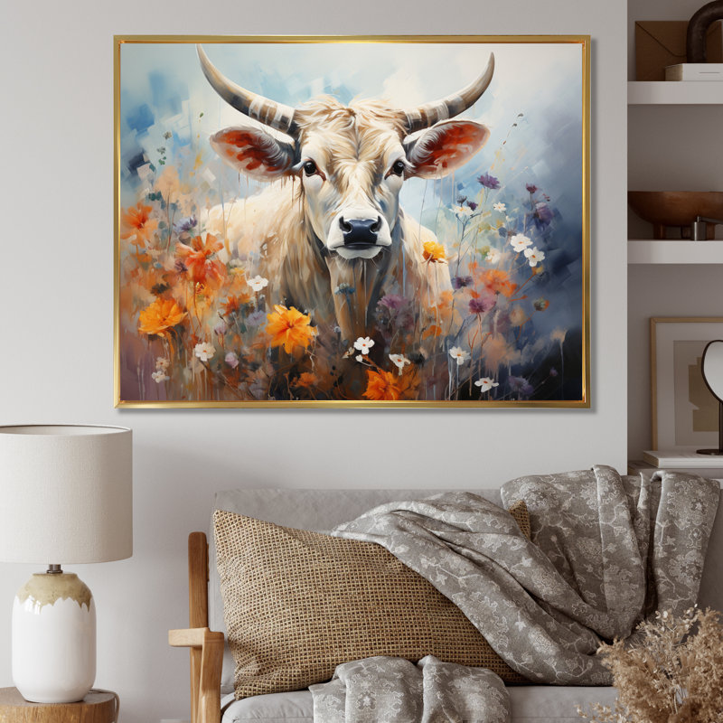 Vache harmonie florale II - imprimé, H 24 po x l 32 po x P 1 po, Cadre flottant doré