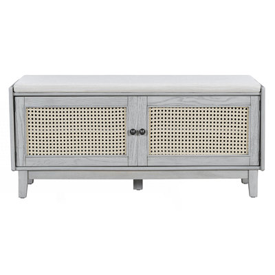 Boho Rattan Entryway Bench With Storage, Cushioned Shoe Bench With Double Doors