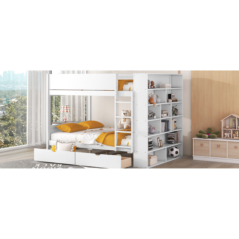 Lit double superposé double avec 2 tiroirs et armoire pratique - Blanc