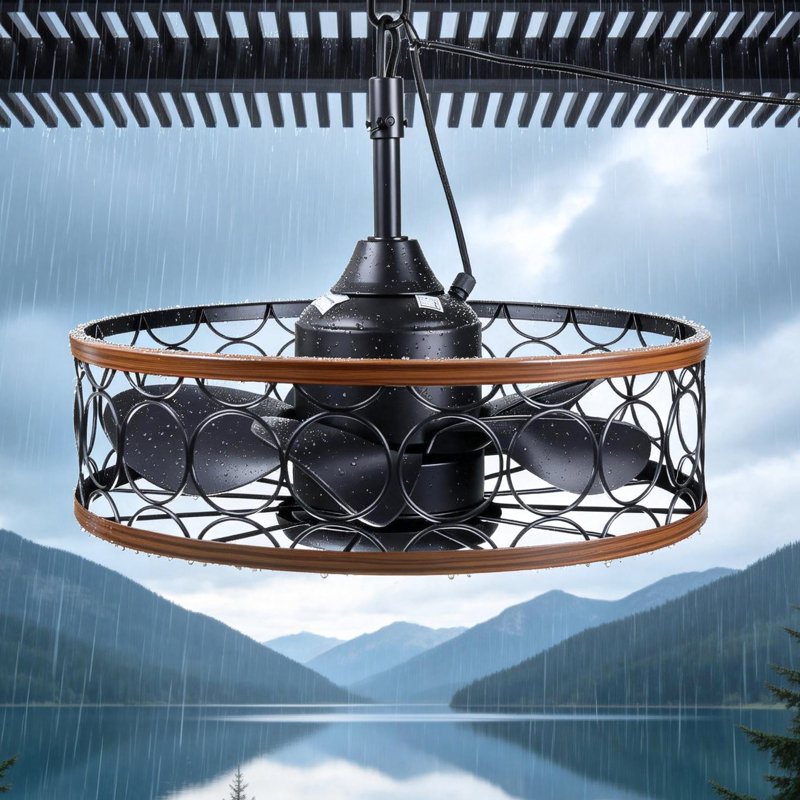 20" Caged Flush Mount Ceiling Fan With Remote And Led Bulbs Included