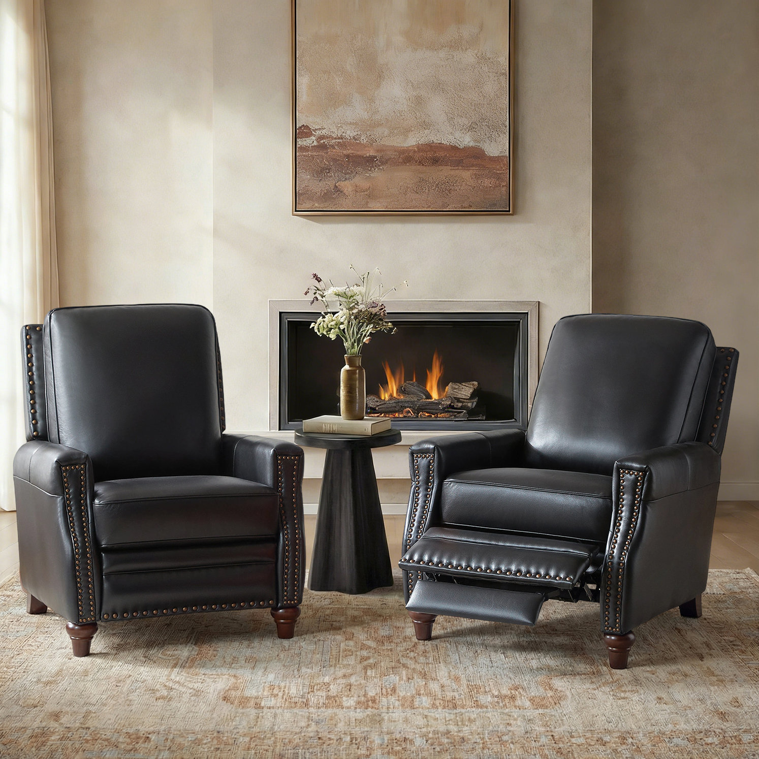 Andrena 34" W Top Grain Leather Recliner with Nailhead Trim, Genuine Leather Black