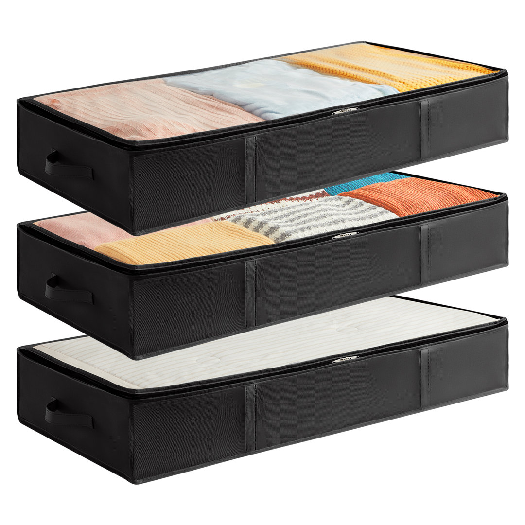 3 Pack Underbed Storage Bags With Lid, Clothes Storage Boxes Foldable Under Bed Storage Organizer With Reinforced Handle Thick Fabric Clear Window For
