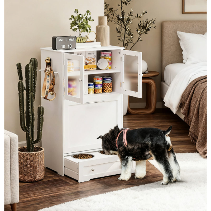 Armoire de rangement pour animal de compagnie blanc avec bols pour chien - alimentation, rangement spacieux, fabrication, bols en acier inoxydable, armoire réglable, crochets de laisse latéraux, temps d'alimentation contrôlés par la station de pointe, vaste
