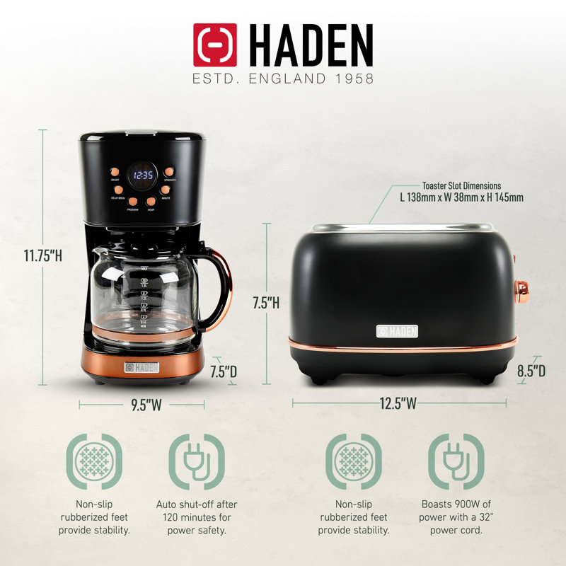 Haden Heritage 2 Slice Wide Slot Toaster & 12 Cup Coffee Maker, Black & Copper, Black