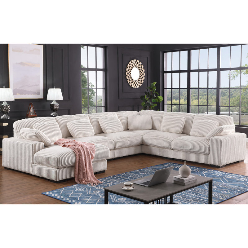 Canapé modulaire en velours côtelé de 155,5 pouces de largeur avec méridienne beige et 8 coussins décoratifs, parfait pour la vie moderne