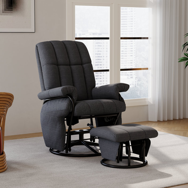 360°Swivel Glider Rocking Recliner Chair With Ottoman, Gray Linen