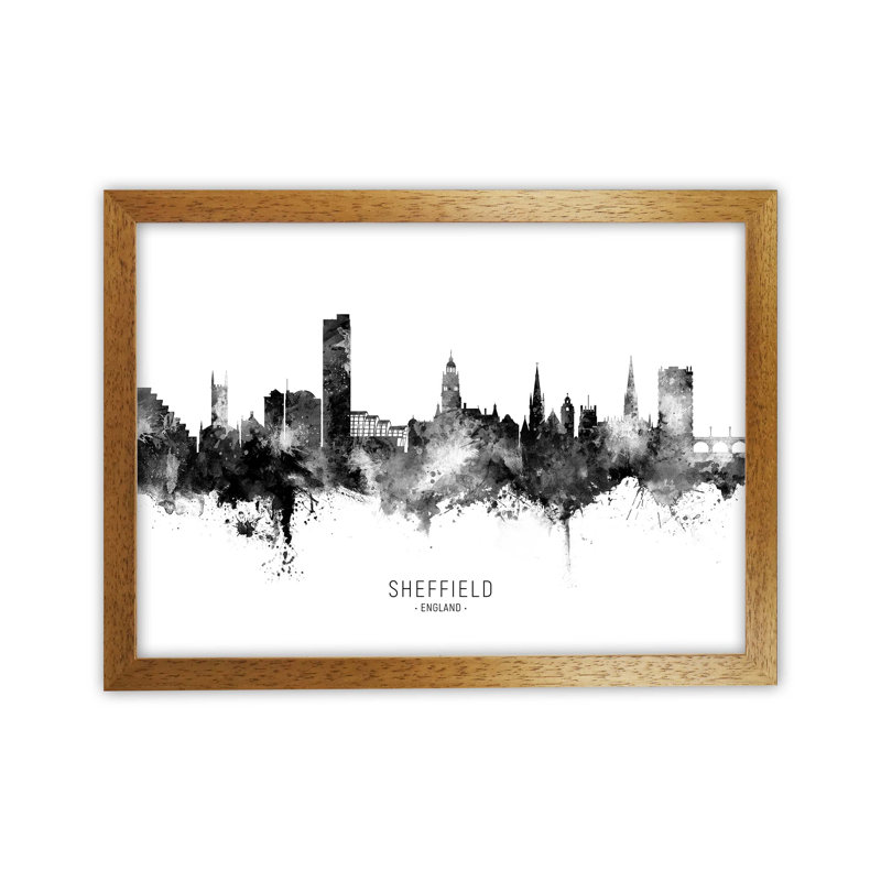 Sheffield England Skyline Black White City Name by Michael Tompsett - Print, Brown Framed, 46cm H x 63cm W x 3cm D