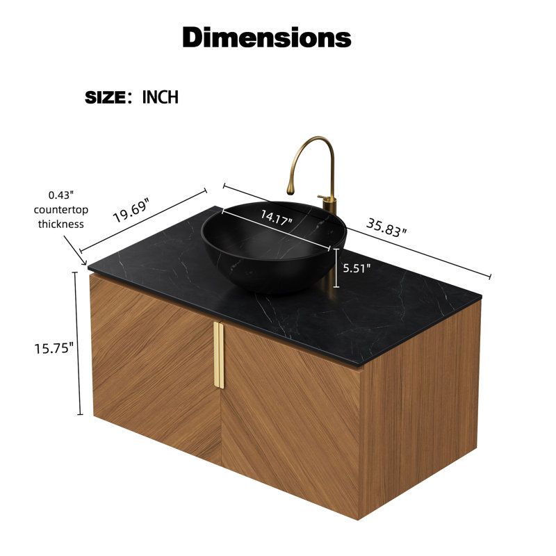 Meuble-lavabo 36 po avec lavabo, armoire de rangement flottante en contreplaqué avec portes doubles