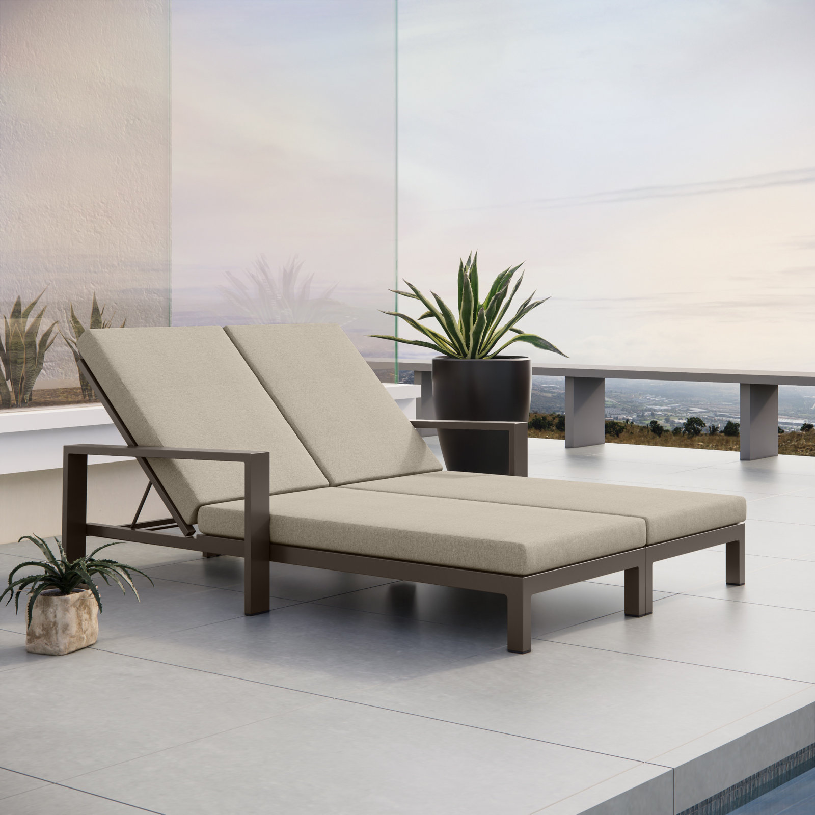 Hoyt Outdoor Metal Double Chaise Lounge, Khaki Cushion/Bronze Frame