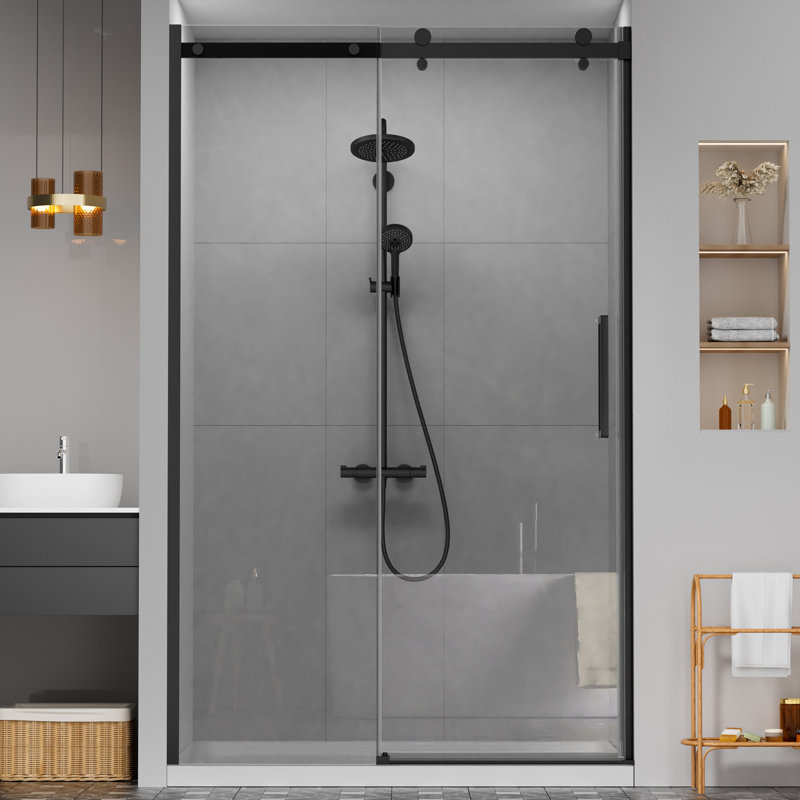 44"-48" W x 76" H Single Sliding Frameless Shower Door with 5/16" (8mm) Crystal Clear Tempered Glass, Matte Black